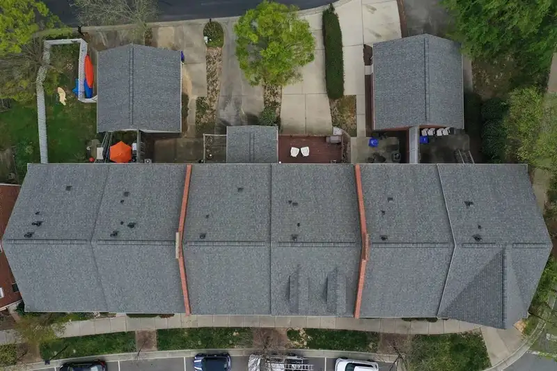 Drone view of an asphalt shingle roof in Hillsborough marked up for repair by Chief Roofing